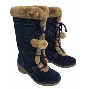 Sporto Waterproof Suede Fur Trim Tall Boots 6.5 Pom Pom Lace Up